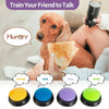 A set of five colorful buttons for training a pet to talk, including yellow, blue, purple, and green.