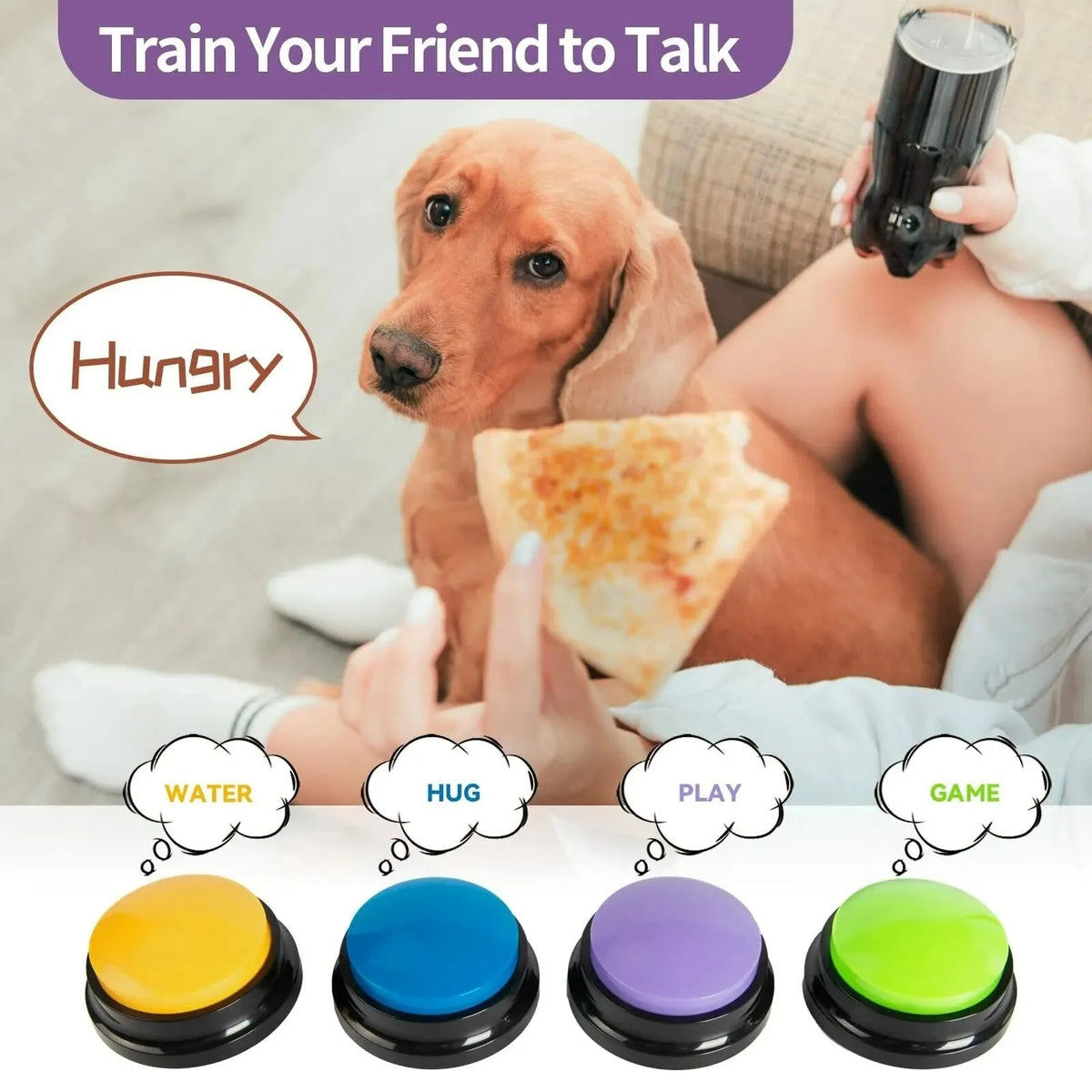 A set of five colorful buttons for training a pet to talk, including yellow, blue, purple, and green.