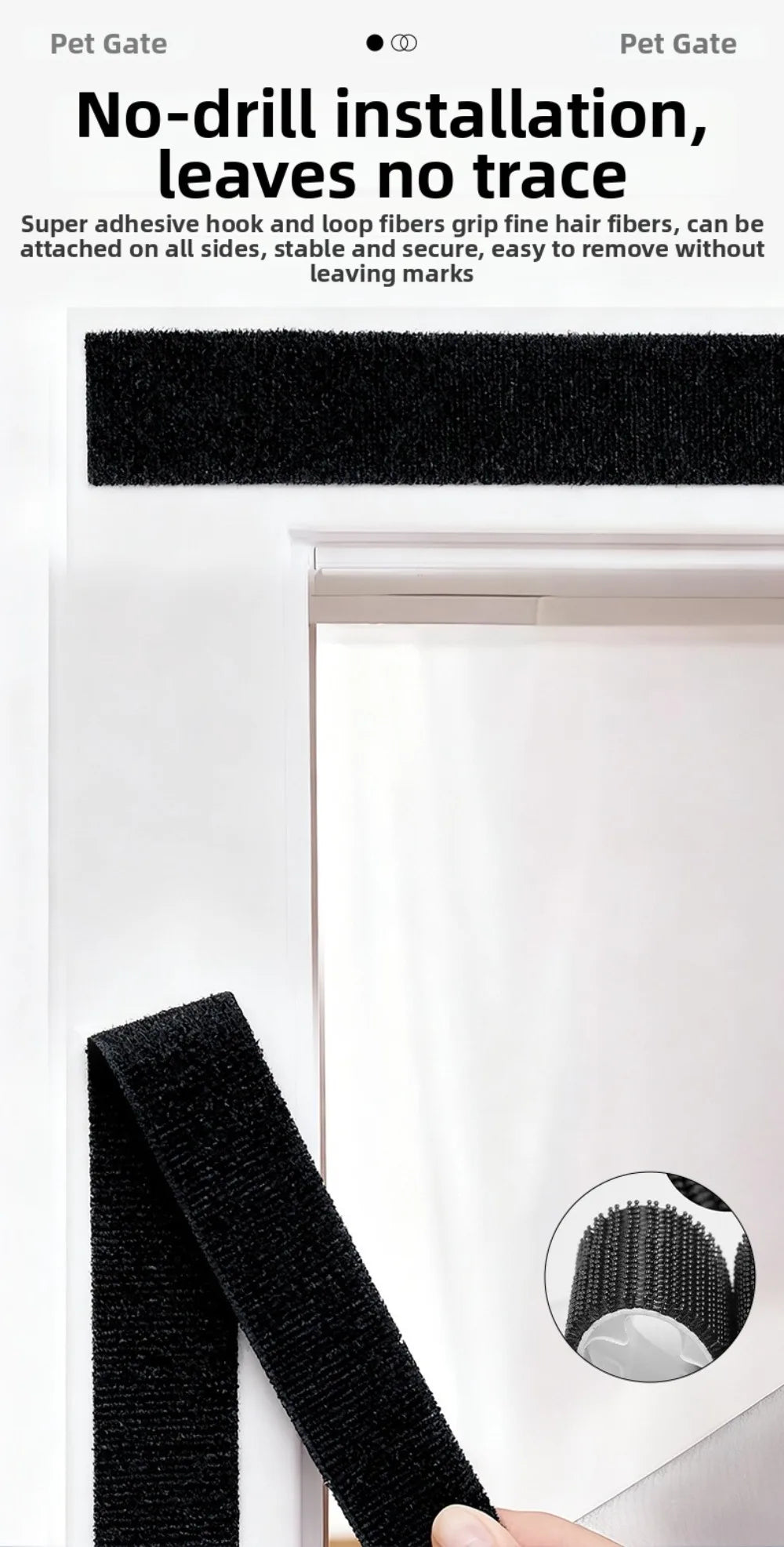 Black adhesive hook and loop fibers used for no-drill installation on a white door frame.