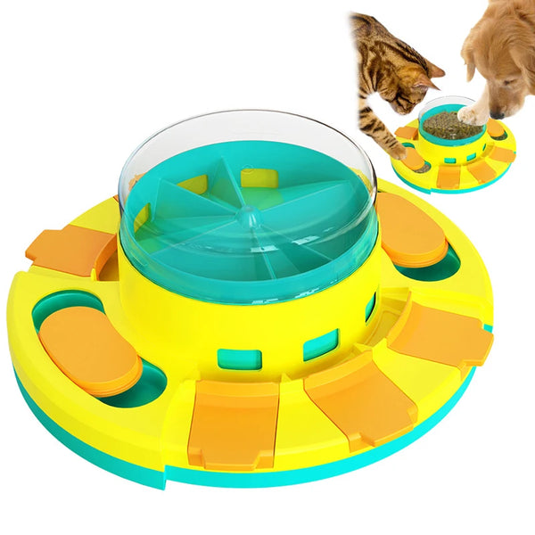 A yellow and blue interactive dog slow feeder puzzle toy with various colored feeding compartments.