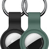 A silicone protective cover for an AirTag attached to a keychain ring.