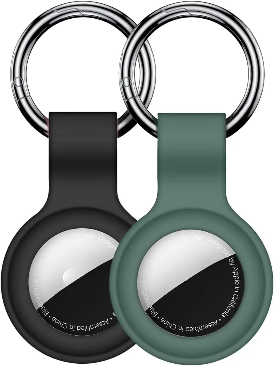 A silicone protective cover for an AirTag attached to a keychain ring.