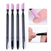 A set of professional nail files and cuticle remover tools in black and pink colors.