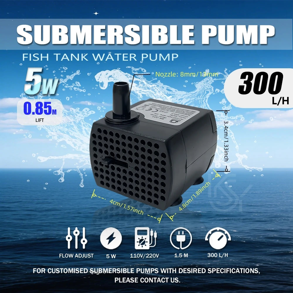 A black submersible fish tank water pump is shown against a blue ocean background with technical specifications displayed.