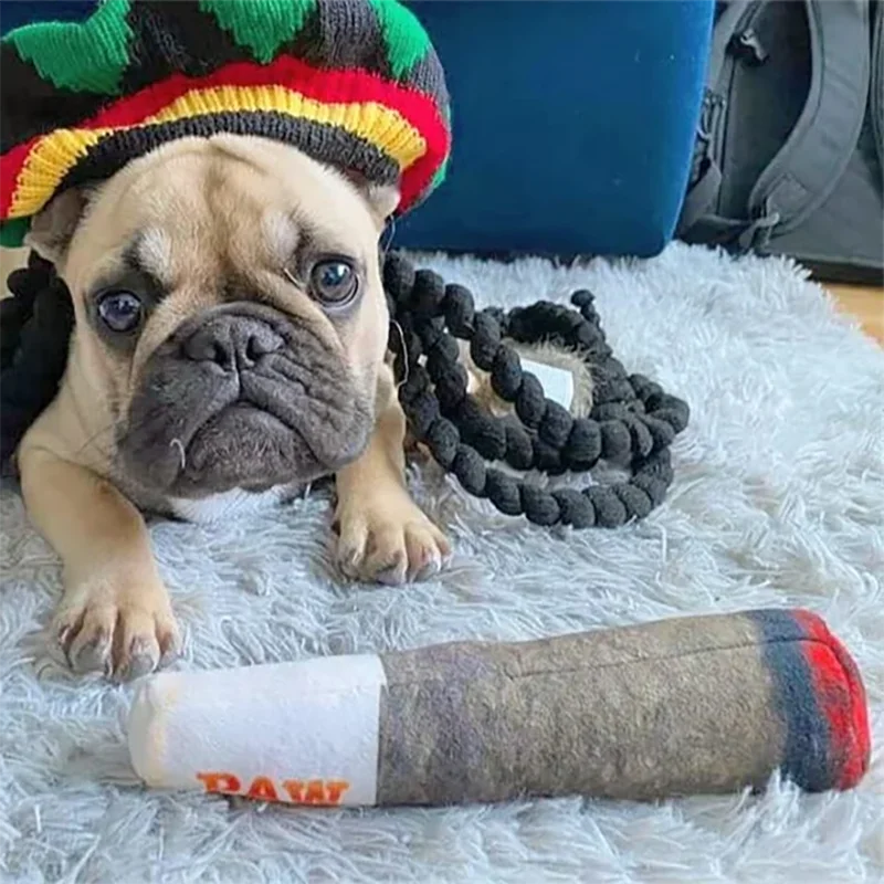 A fawn-colored pug wearing a colorful knitted hat is lying on a white fluffy surface next to a rolled-up bandage.