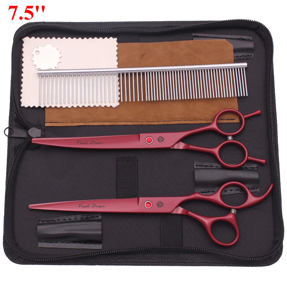 Schwarze Etuis mit professionellem Edelstahl-Haarscheren-Set für Haustierpflege inklusive Kamm und Lederpad.