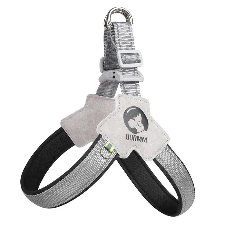 A gray and silver adjustable reflective mesh dog harness vest with a black collar.
