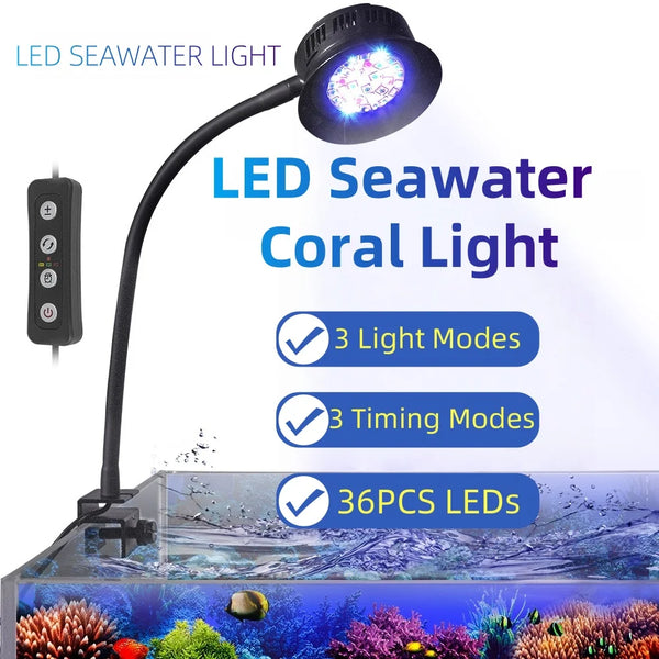 A black LED seawater coral light fixture with a flexible arm and a separate control unit, shown above an aquarium.
