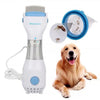 A white electric lice grabber comb device and a golden-colored dog are shown.