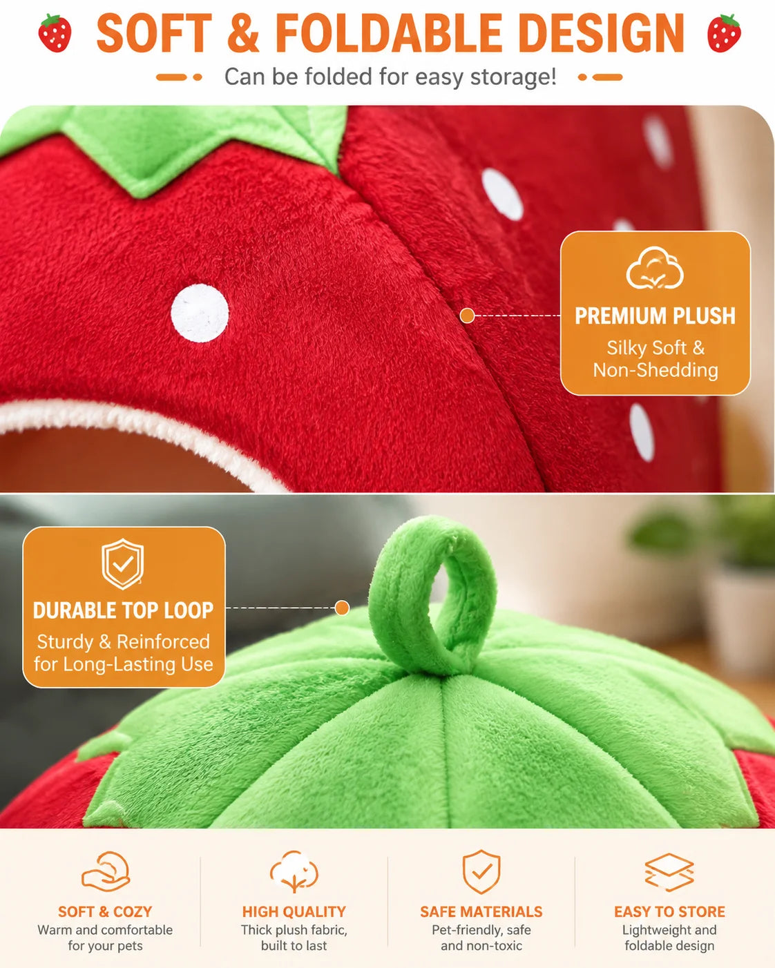 A red strawberry-shaped plush rabbit bed and hay feeder set with a green top loop.