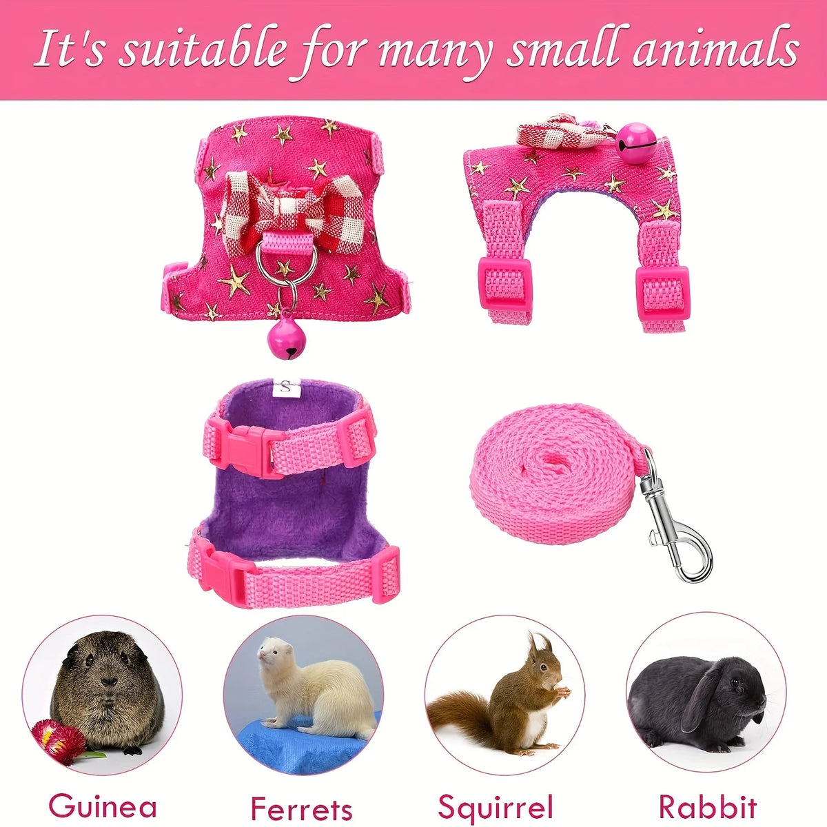 Ein Set rosa Hamsterharnische, einschließlich Kopfhalter, Körperschlinge und Leine, gezeigt neben verschiedenen kleinen Tiere
