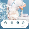 A hand is using a 360° rotating shower squeegee to clean hair, demonstrating its flexible strip and self-contained hanging ho
