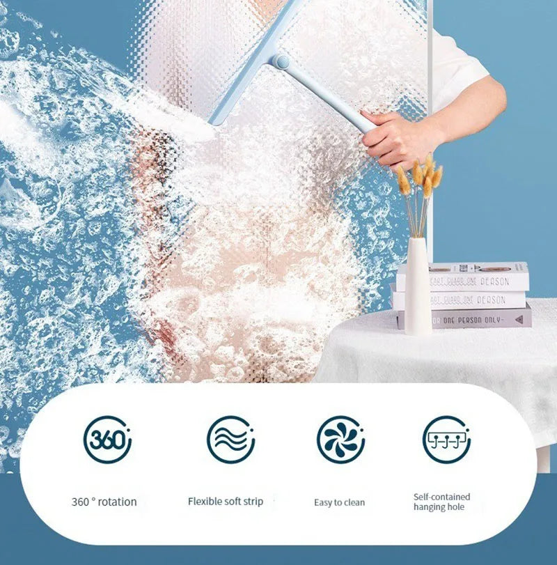 A hand is using a 360° rotating shower squeegee to clean hair, demonstrating its flexible strip and self-contained hanging ho