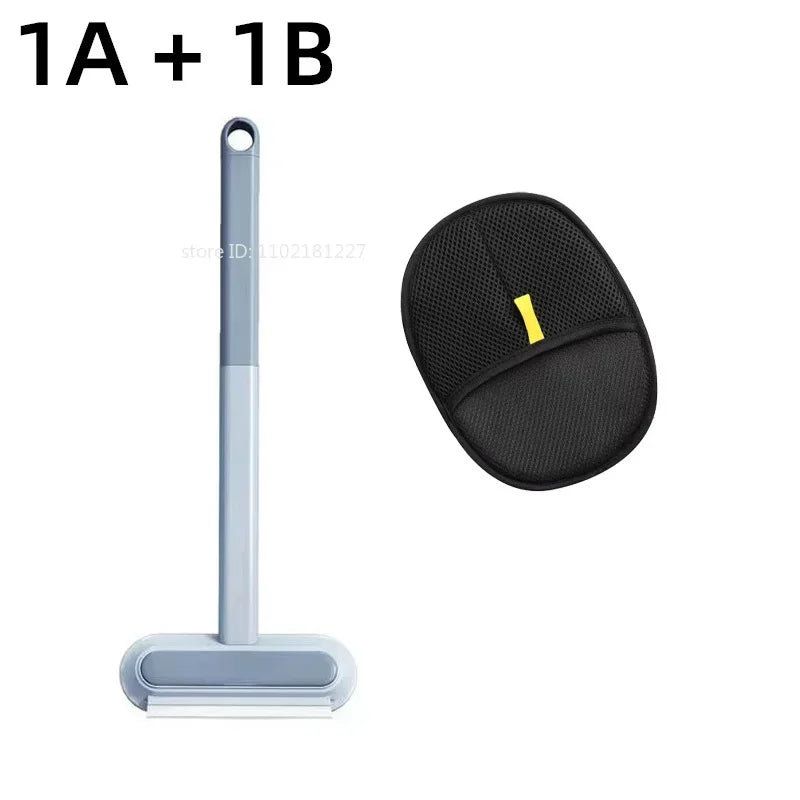 A pair of reusable double-sided pet hair removal gloves, labeled 1A and 1B, shown with the handle and the cleaning pad.