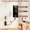 A white pet hair trimmer is shown next to a cat and a dog, illustrating its size and smart LED display features.