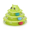 A green, three-layer cat turntable toy with balls and a scratching board.
