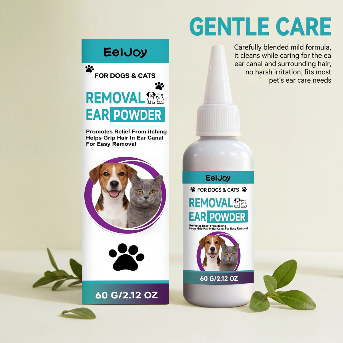 Eine Flasche EelJoy Entferner-Ohrenpulver für Hunde und Katzen neben ihrer Verpackung.