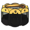 A yellow and black folding octagonal pet cage for dogs with mesh sides and a solid base.