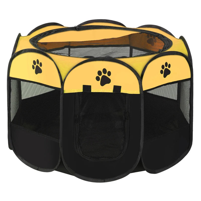 A yellow and black folding octagonal pet cage for dogs with mesh sides and a solid base.