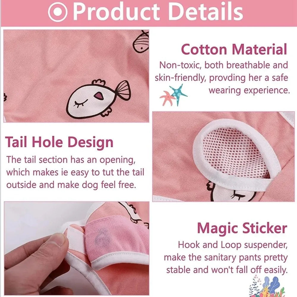 Pink dog sanitary pants featuring a tail hole design and a magic sticker for easy wear