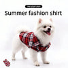 A white fluffy dog wearing a red and black plaid shirt for summer fashion.