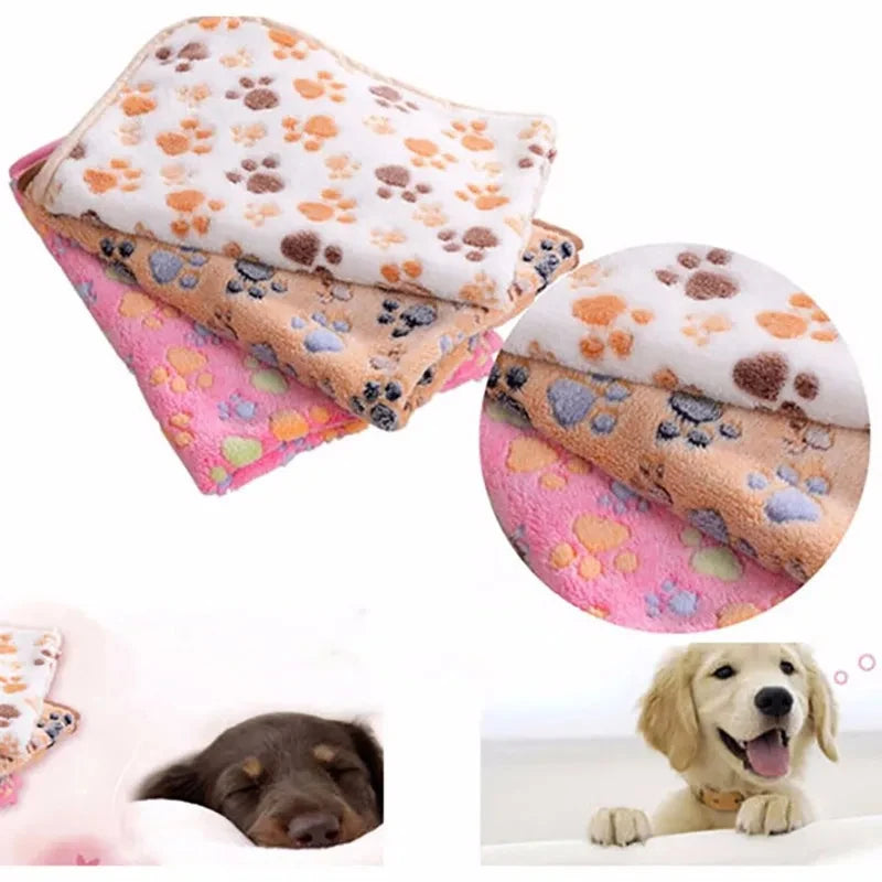 A stack of soft fleece pet bed mat covers for cats and dogs, shown next to a dog.