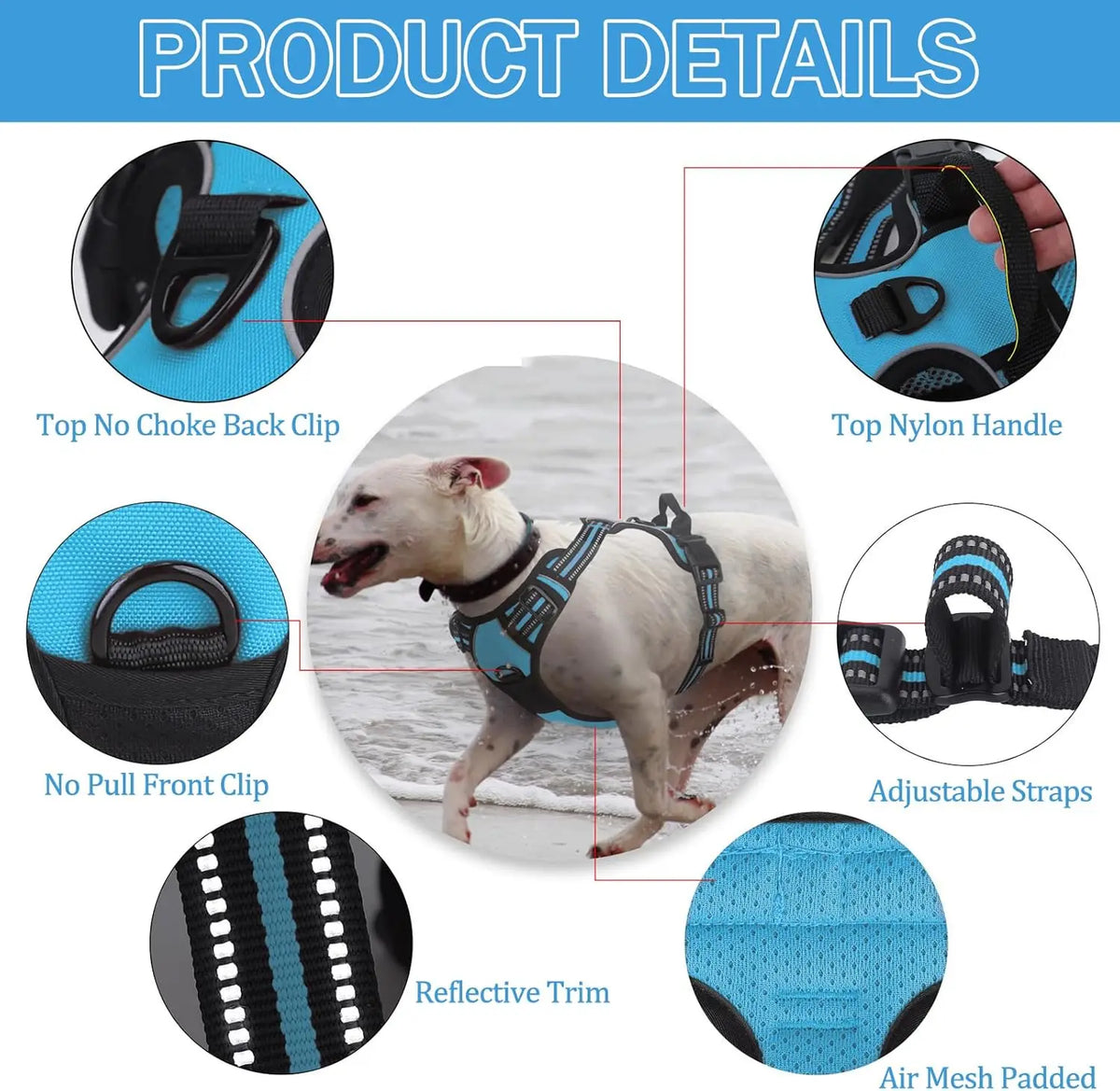 A padded dog traction chest harness featuring a nylon handle, adjustable straps, and reflective trim.
