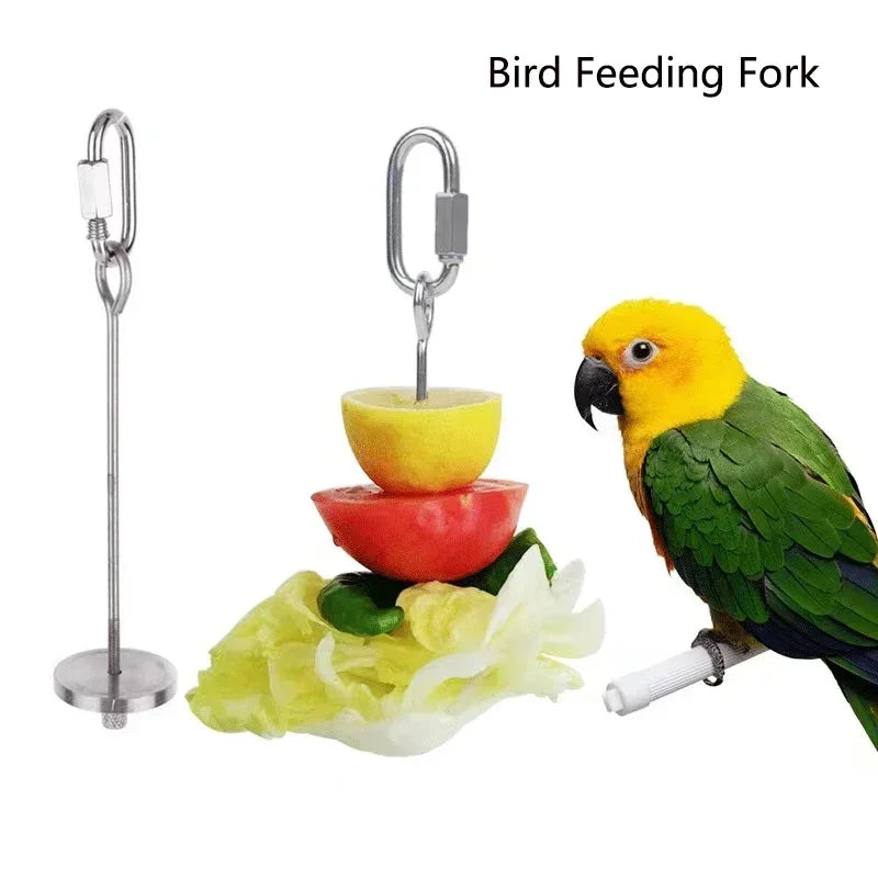Tenaza de acero inoxidable para alimentar pájaros con gancho, junto a frutas y verduras, incluyendo un loro amarillo.