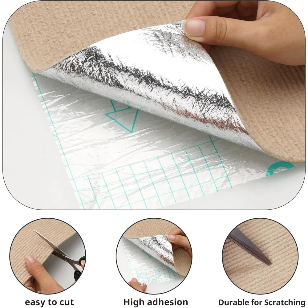 Self-adhesive cat scratch pad showing a white snowy landscape design and features for easy cutting, high adhesion, and durabi
