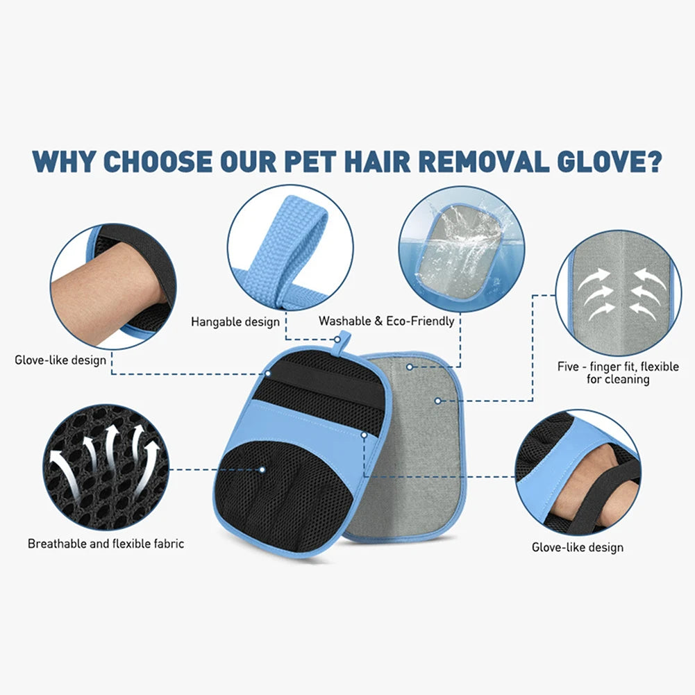 A set of blue and gray electrostatic pet hair removal gloves shown with various features like hangable design and breathable 