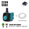 A black submersible water pump with a green body, power cord, and silicone hose shown next to electrical specifications.