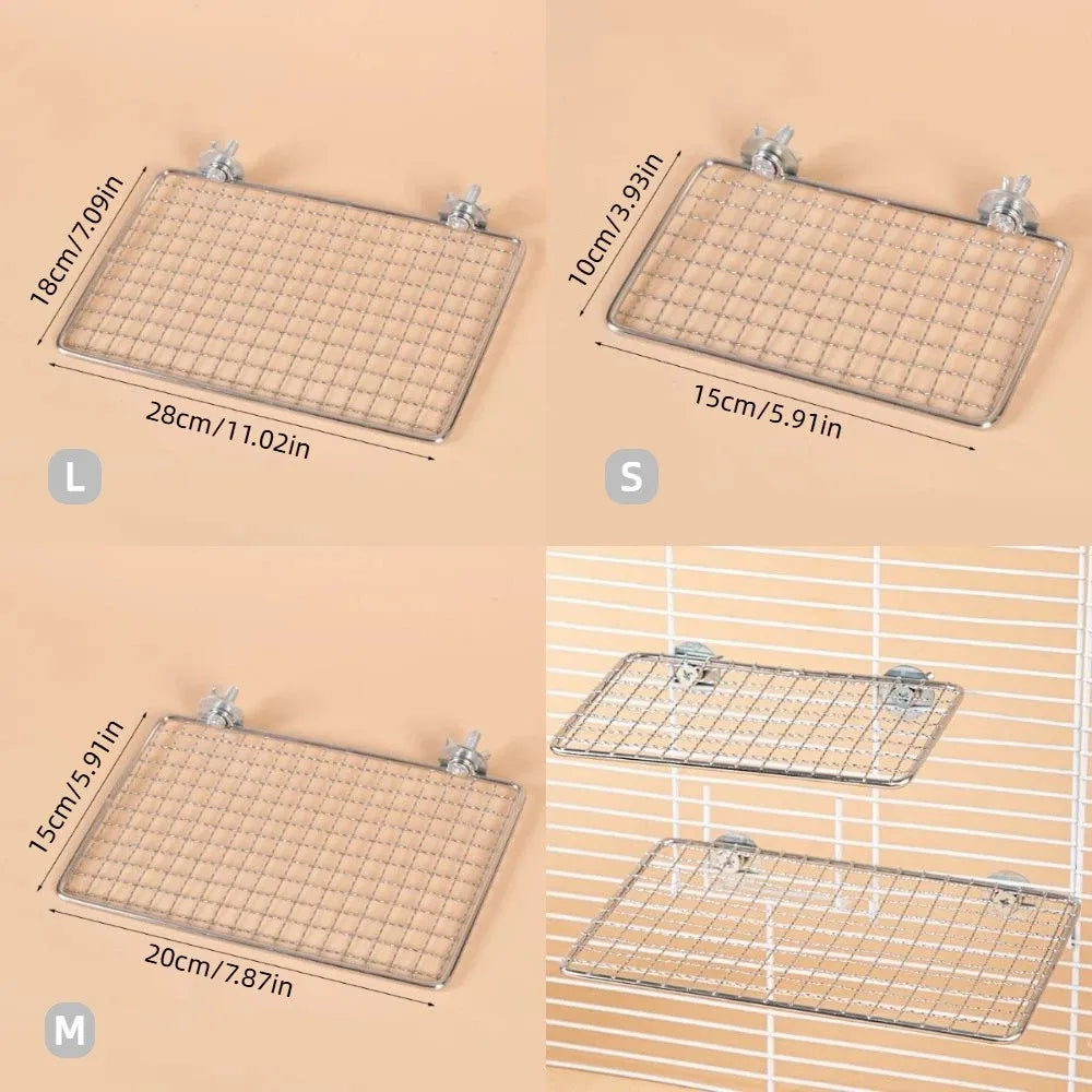 Three sizes of stainless steel bird perches with wire mesh grids labeled L, S, and M.