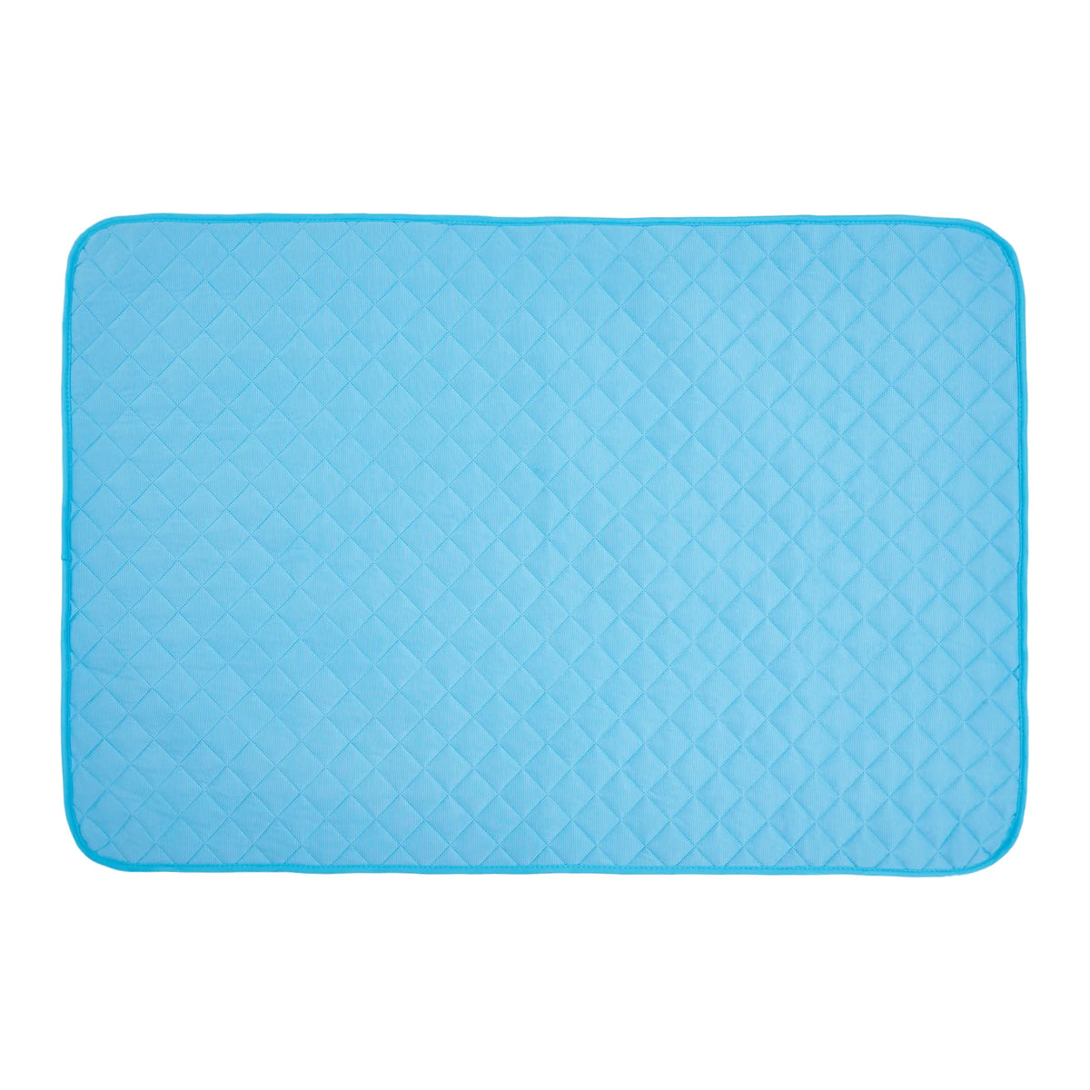 A light blue, quilted washable cooling dog mat made with ice silk fabric.