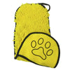 A bright yellow, textured pet bath towel shaped like a dog's paw print.