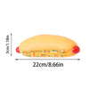 A large yellow hot dog squeaky chew toy for dogs, measuring 3cm thick and 22cm long.