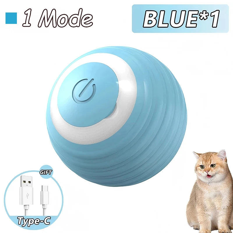 A light blue, spherical automatic interactive cat toy ball with a white top and a visible Type-C charging port.