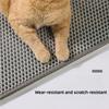 A fluffy orange cat paw rests on a gray, textured litter mat designed to be wear-resistant and scratch-resistant.