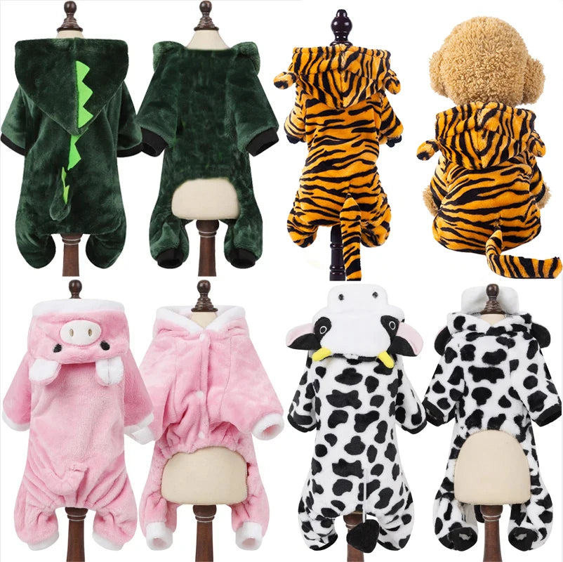 A collection of soft fleece dog jumpsuits and hoodies in various colors and patterns displayed on mannequins.