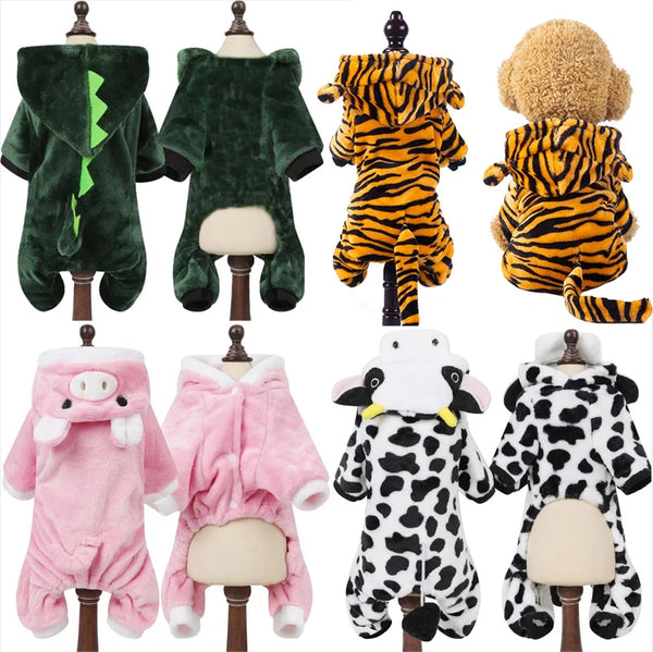 A collection of soft fleece dog jumpsuits and hoodies in various colors and patterns displayed on mannequins.