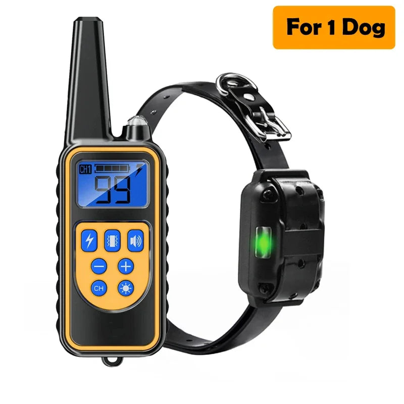 Black remote dog training collar with an LCD display and a black transmitter unit.