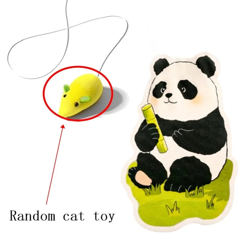 A yellow cat toy is shown hanging from a string, next to a panda-themed wall-mounted cat scratcher.
