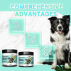 A dog stands next to jars of fresh breath dental powder for dogs and cats, highlighting comprehensive advantages.