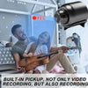 A young couple is shown using a built-in pickup device for recording in a home setting.