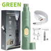 A green rechargeable pet nail grinder device shown with its packaging and charging cable.