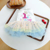 Elegant birthday suit for dogs featuring white tulle with a gold crown design