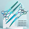 A set of professional pet grooming scissors in various sizes and styles including straight, chunker, curved, and thinner opti