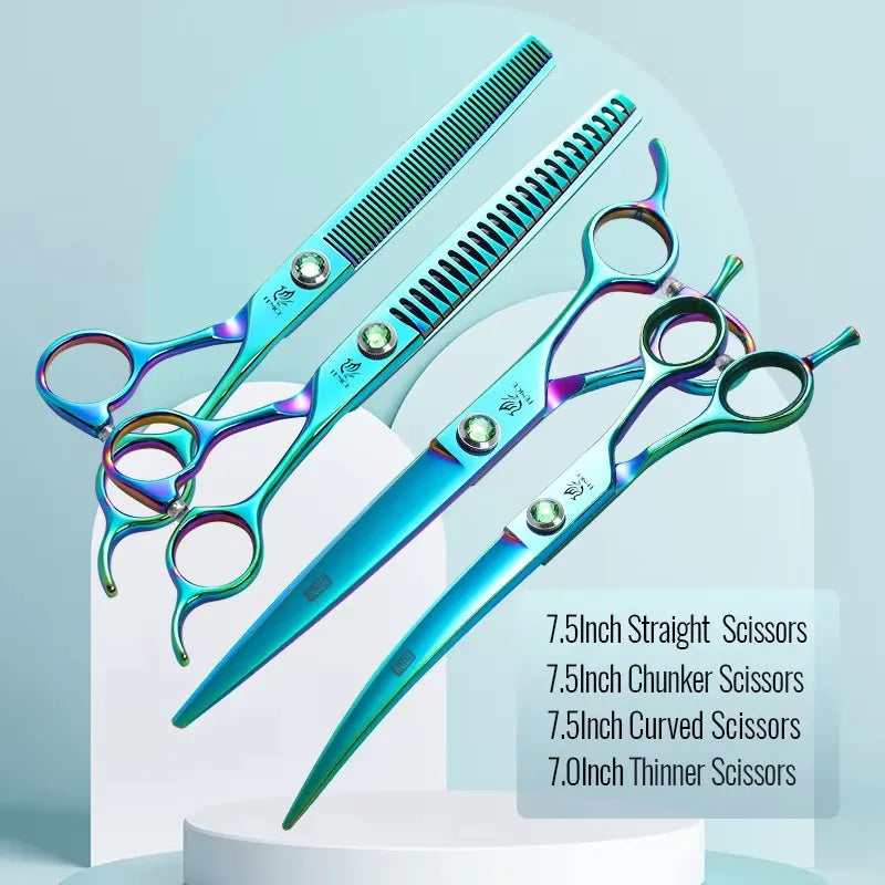 A set of professional pet grooming scissors in various sizes and styles including straight, chunker, curved, and thinner opti