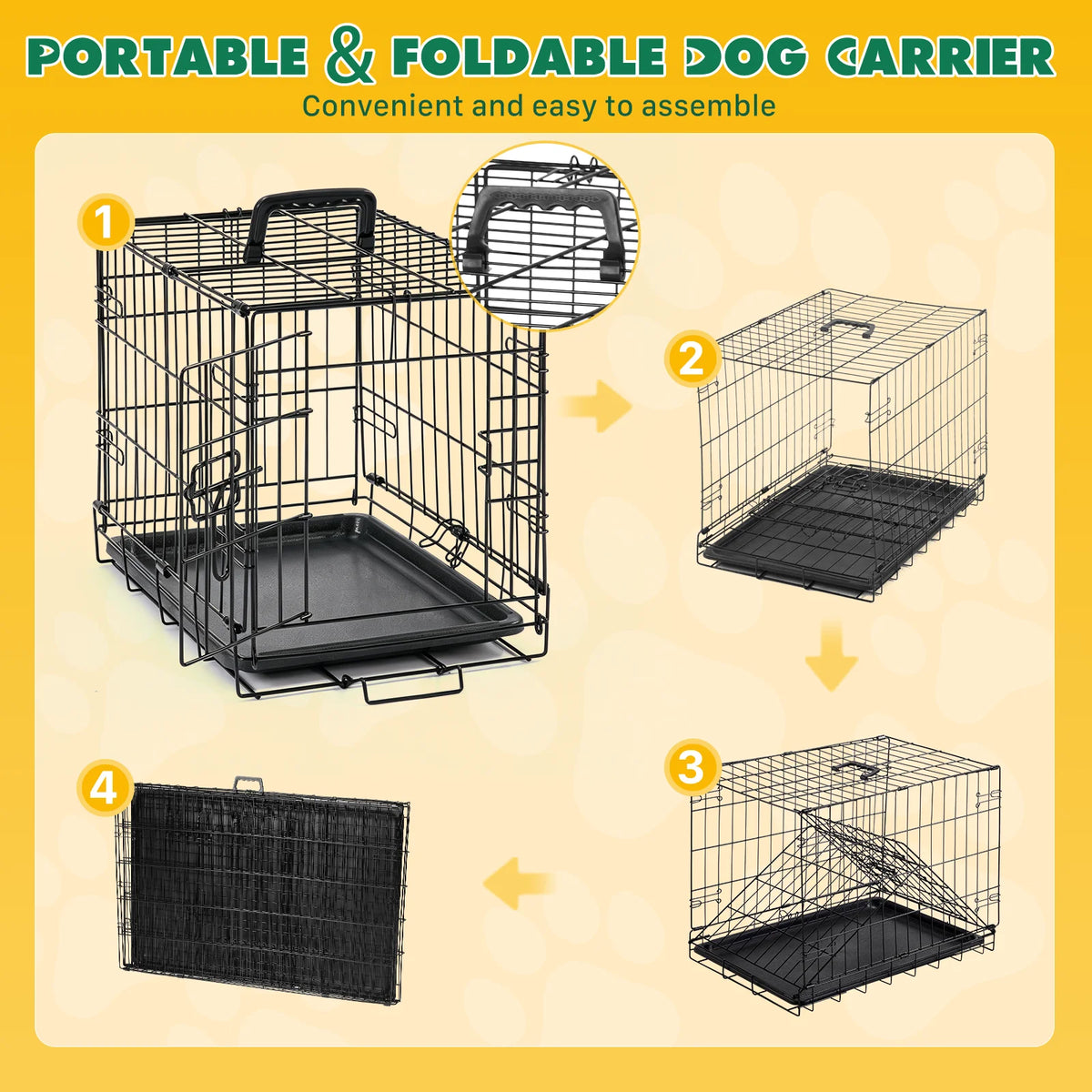 Diagram showing the assembly steps for a portable and foldable dog carrier or crate.