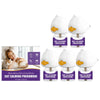 A set of white cat calming pheromone diffusers with yellow accents shown next to a woman.