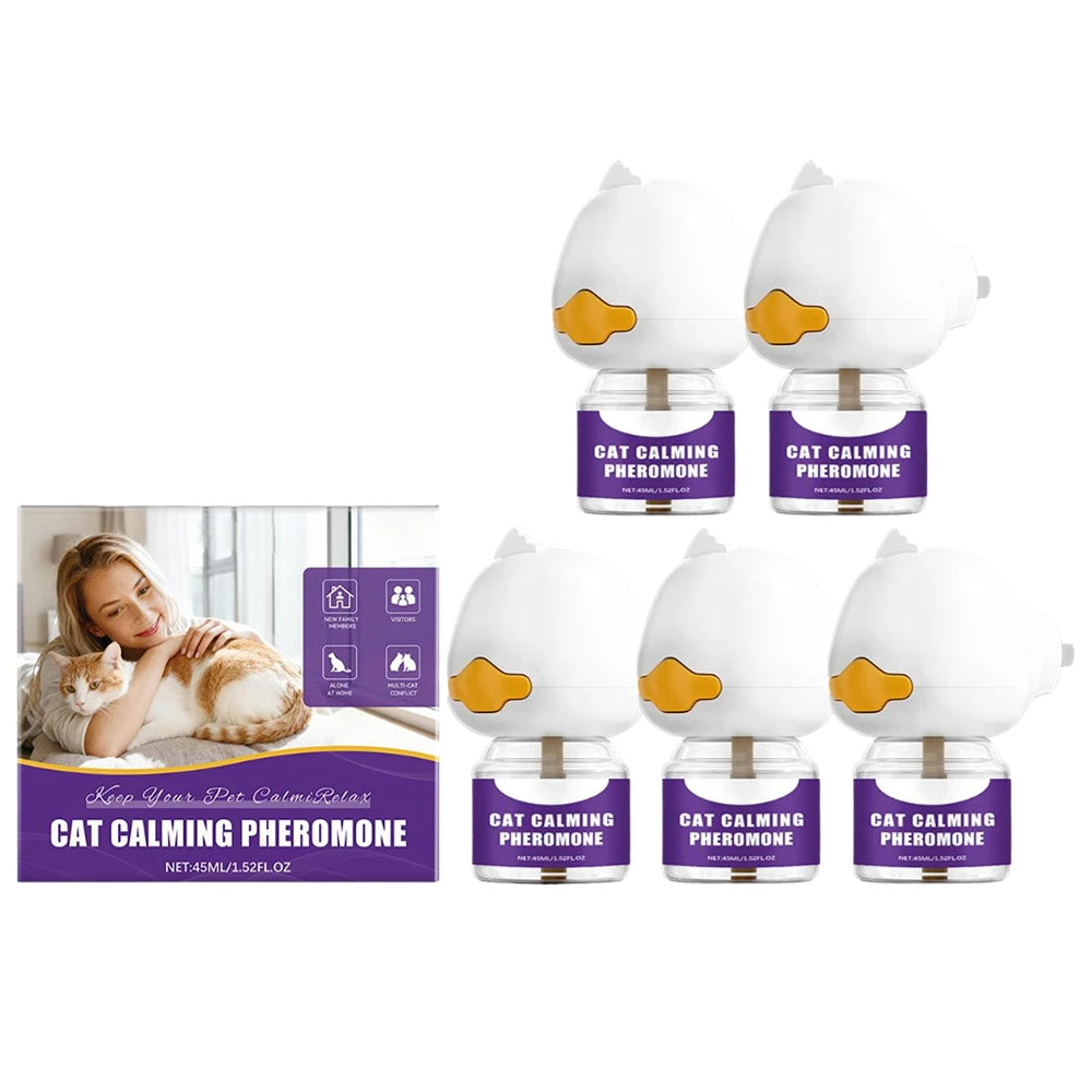A set of white cat calming pheromone diffusers with yellow accents shown next to a woman.